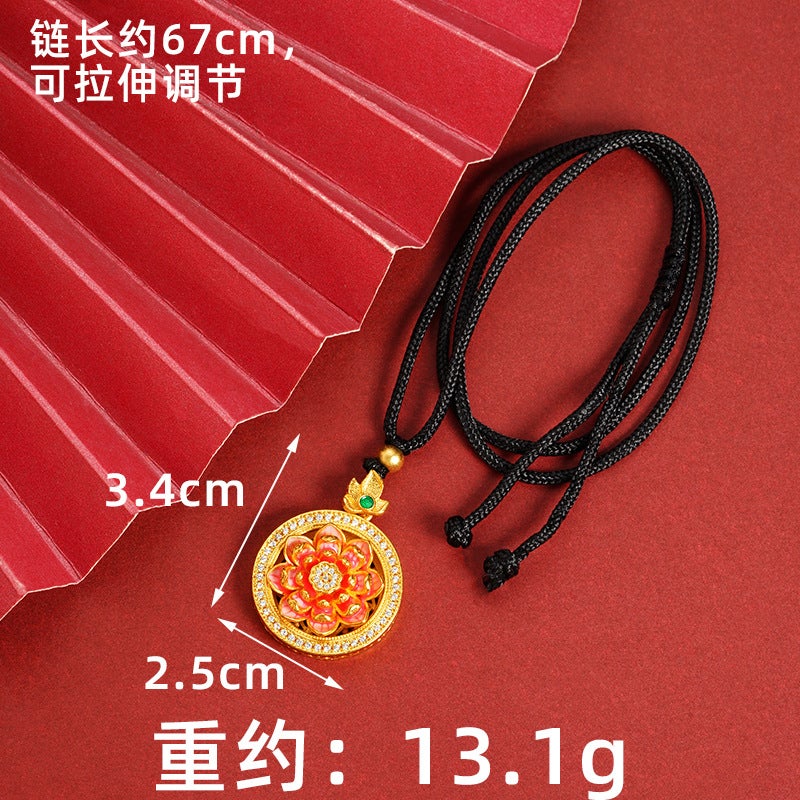 New Chinese Style Vietnamese Sand Gold Burned Blue Diamond Lotus Compasses Necklace Women'S All-Match High-End Hollow Pendant Rotatable - Image 1